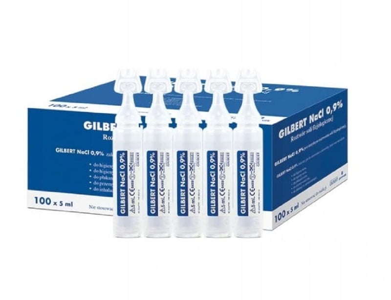 Gilbert NaCl 09% Sterile Isotonic 100 NaCl 0.9% Sodium Chloride - NaCl Inhalation Saline Solution for Airway Humification 100 x 5 ml Unit Dose Vial, humidifying Airway - Image 1